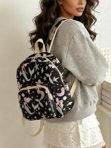 1 Piece Backpack, Women's Mini Backpack, Corduroy Girl School Bag, Travel Storage Bag, Mermaid Printed Design, Large‑Capacity Foldable Easy‑To‑Store Bag, Lightweight & Pressure‑Relieving, Multi‑Pocket Layered Design With Zipper Closure - Mermaid 401266 - View 2