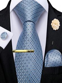 5Pcs Men Haze Blue Four-Petal Flower Tie Pocket Square Cufflinks Boutonniere Tie Clip Set, Random Cufflink Pattern, Suit Accessories For Wedding - Dusty Blue - View 1