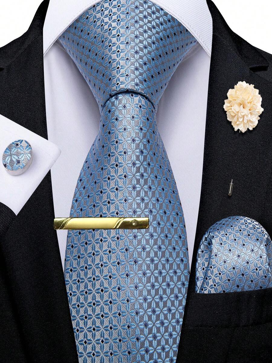 5Pcs Men Haze Blue Four-Petal Flower Tie Pocket Square Cufflinks Boutonniere Tie Clip Set, Random Cufflink Pattern, Suit Accessories For Wedding - Dusty Blue - View 1