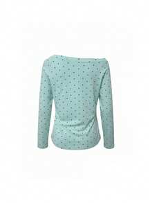 Polka Dot Letter Print Long Sleeve T-Shirt Women Minimalist Sexy Asymmetrical Shoulder Top - Mint Green - View 6