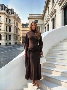Women's Romantic Elegant Fashion Cape Design Chiffon Asymmetrical Knit Ruched Design For Date Party Vintage Back Water Drop Button Autumn/Winter - Brown - View 7