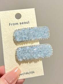 2PCS /3PCS Exquisite Sugar-Coated Rhinestone Side Hair Clips, Rhinestone-Edged Rectangular BB Side Clips, Pink Blue Purple Three Colors, Date Casual Vibe Hair Accessories - Multicolor - View 3