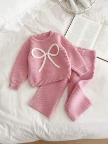 Setelan Rajut 2 Potong Warna Pink untuk Anak Perempuan dengan Bordir 3D dan Pita Putih, Sweater Leher Bulat Lembut dan Celana Lebar, Pakaian Kasual Musim Semi/Gugur - Berwarna merah muda - View 1