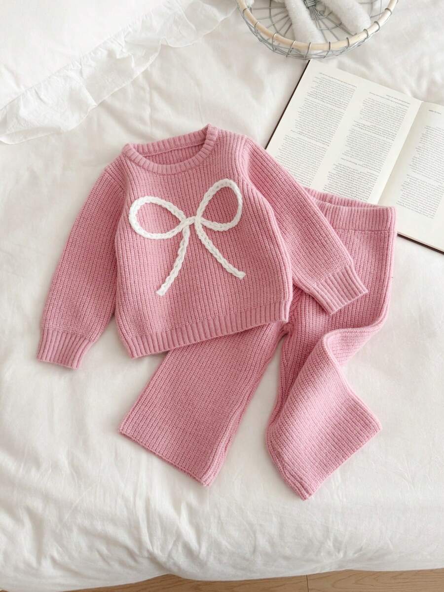 Setelan Rajut 2 Potong Warna Pink untuk Anak Perempuan dengan Bordir 3D dan Pita Putih, Sweater Leher Bulat Lembut dan Celana Lebar, Pakaian Kasual Musim Semi/Gugur - Berwarna merah muda - View 1