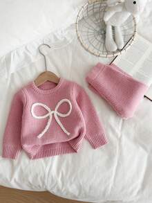 Setelan Rajut 2 Potong Warna Pink untuk Anak Perempuan dengan Bordir 3D dan Pita Putih, Sweater Leher Bulat Lembut dan Celana Lebar, Pakaian Kasual Musim Semi/Gugur - Berwarna merah muda - View 6