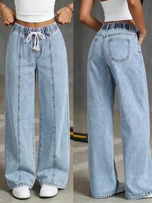 Plus Size Light Blue Washed Drawstring Elastic Waist Cropped Jeans With Front Vertical Seam Loose Wide Leg Casual Pants - Light Wash - View 4