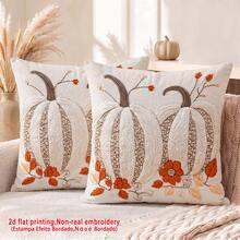 2 piezas Fundas de almohada con estampado de calabaza blanca bordada y hojas de otoño, fundas de cojín de poliéster ligero con estampado de un solo lado, estilo vintage para Acción de Gracias, lavables a mano/máquina/limpieza en seco, cierre con cremallera, adecuadas para decoración del hogar de otoño, sofá, cama, dormitorio, sala de estar, cafetería, sala de exposiciones, fundas de almohada decorativas, decoración diaria para fiestas festivas - Blanco - Ver 3