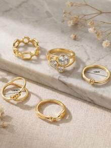 5pcs Gold Ring Set, Stackable Knotted Hollow Chain Rhinestone Rings, Versatile Jewelry For Women - Gold - View 5
