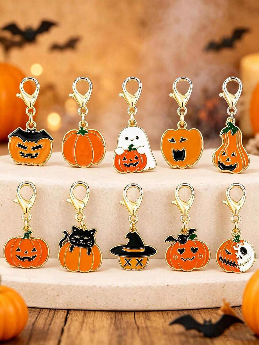 10pcs Halloween Pumpkin Keychains - Cute Alloy Metal Key Rings With Lobster Clasp, Ideal Birthday Gift For Women, Multi-Functional Bag Charm Pendant Valentine's Day Gift, Random Styles And Patterns - Halloween Keychain - View 1