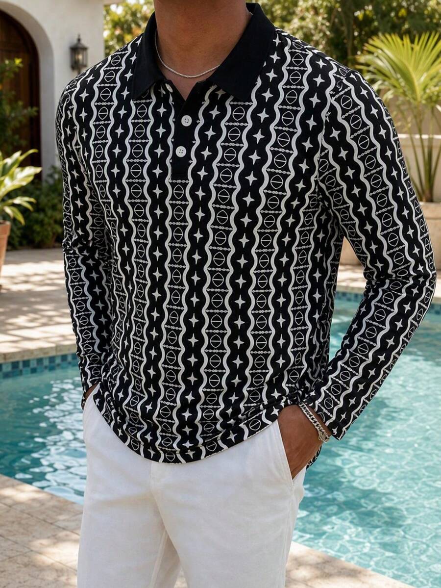 Men's Black And White Star Chain All-Over Print Long Sleeve Polo Shirt - Multicolor - View 1