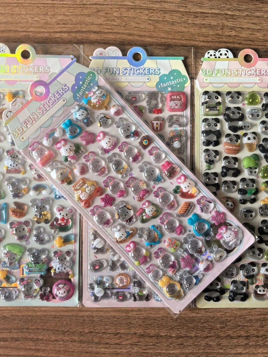 1/4pcs Cartoon 3D Embossed Stickers Colorful Crystal Animal Rabbit Elephant Panda Holographic Shiny Decals For Girls Children Phone Case Decoration