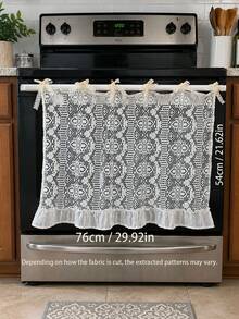 Beige Hollow Crochet Lace Oven Door Curtain With Bow‑Tie Straps & Ruffled Hem,Dishwashers Cover,Polyester Kitchen Stove Cover,Semi‑Sheer Stove Front Decor Cover,Rustic Farmhouse Cottage‑Style Kitchen Wall Decoration,Home Entryway Shoe Racks Ornament. - Beige - View 10