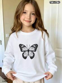 Girls Casual Cute Butterfly Print Loose Fit Long Sleeve Crew Neck Pullover Hoodie For Spring Autumn Outdoor Play - White - View 1
