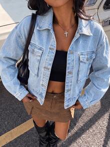 Women's Y2K Distressed Cropped Denim Jacket, Lapel Long Sleeve Aviator Jacket, Vintage Grunge Style - Blue - View 2