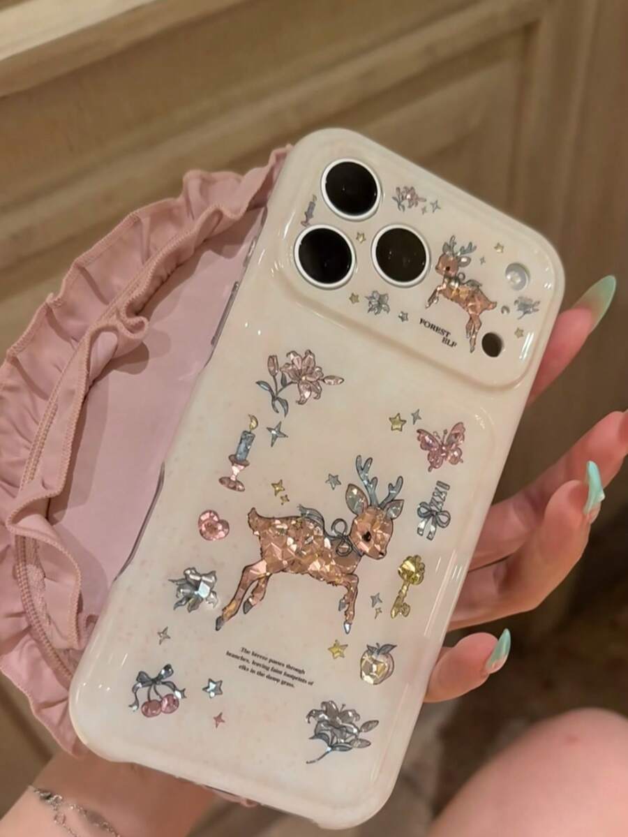 Ins Vintage Laser Flower & Deer Pattern Protective Phone Case Compatible With Iphone 17 Pro Max/16 Pro/15, Personalized Girls' Anti-Drop Cover - White - View 1