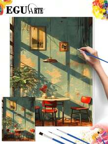 DIY Vintage Cafe Interior With Warm Sunlight (Frameless 8x12 / 16x20 Inches) Paint By Numbers Kit (Acrylic) Arts & Crafts For Adult Beginners, Home Wall Decor, And Creative Holiday Gifts - Sets - View 2