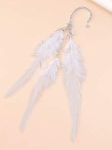 outingfit 1pc Women's Feather Tassel Earrings, Bohemian Style Rhinestone Star Earrings, Exotic Party Evening Accessory - Right Ear - View 5