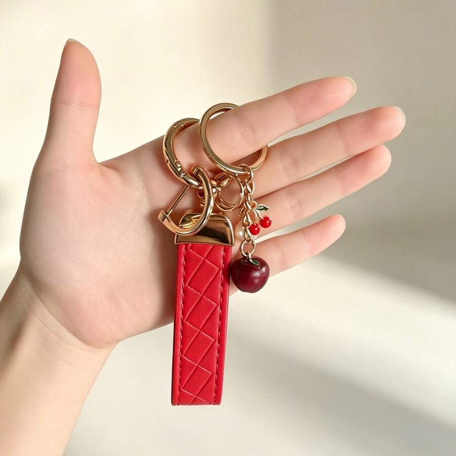 1pc Unisex Red Plaid Keychain + Fruit Pendant, Zinc Alloy Minimalist Style PU Leather Rope Key Ring, Suitable For Various Keys And Car Keys, Small Gift For Family And Friends - A - View 1
