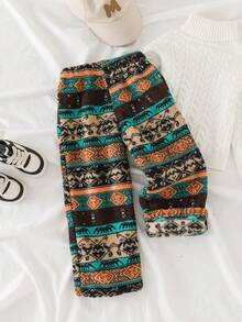 1pc Autumn/Winter 3-7Y Kids Fleece Random Asymmetrical Full Print Long Pants, Suitable For Daily Wear, Outdoor Casual Activities - Multicolor - View 1