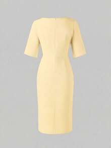 Solid Color Casual Elegant Retro French Style Waist Slimming Office Daily Date Commute Faux Pearl Decor Round Neck Dress, White Summer Yellow - Yellow - View 7