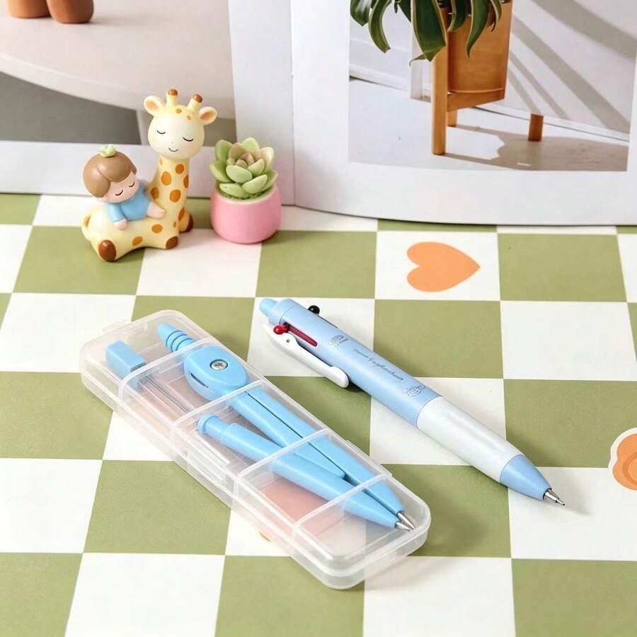 Bộ compa phối màu mới kèm ngòi thay thế, dụng cụ vẽ toán học cho học sinh tiểu học và trung học, kèm bút gel bấm 3 màu đầu đạn 0.5mm nhanh khô