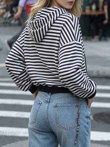 Women Fall Elegant Drawstring Hoodie, Striped Print Long Sleeve Cropped Loose Fit Holiday Festival Daily Tops - Black and White - View 2