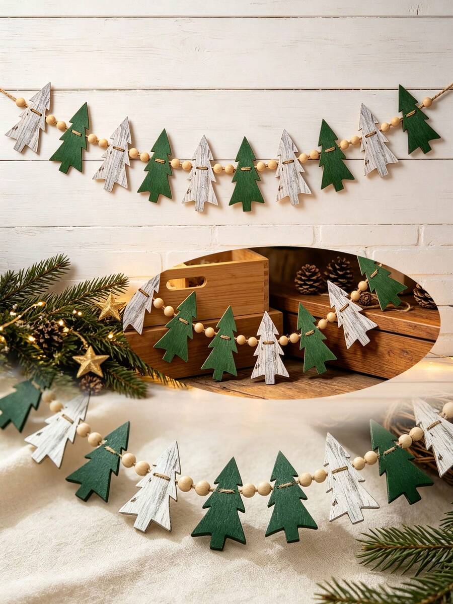 Felt Christmas Tree Wooden Bead Garland, Hanging Decorative Banner Suitable For Fireplace Mantel - Multicolor - View 1