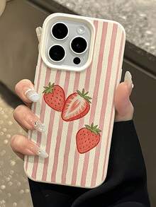 1pc White Striped Strawberry Personalized TPU Shockproof Full Coverage Phone Case Compatible With Apple 17 16 15 14 13 12 11 Pro Max Air And Series - Pink - View 1