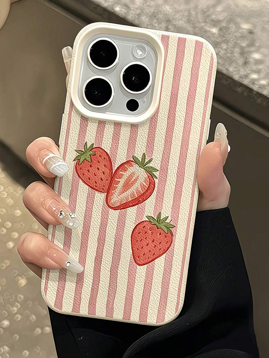 1pc White Striped Strawberry Personalized TPU Shockproof Full Coverage Phone Case Compatible With Apple 17 16 15 14 13 12 11 Pro Max Air And Series - Pink - View 1