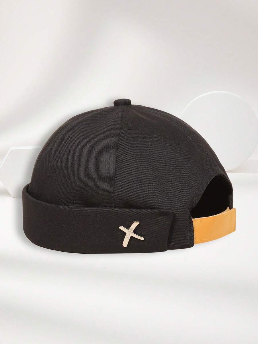 1pc Men's Iron Label Personalized Outdoor Casual Fashion Adjustable Size Brimless Hat, Suitable For Daily Wear, Versatile Minimalist Retro Street Style, Gift - Black - View 1