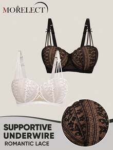 Morelect 2pcs Women's Plus Size Underwire Lace Patchwork Push-Up Breathable Bra - Multicolor - View 6