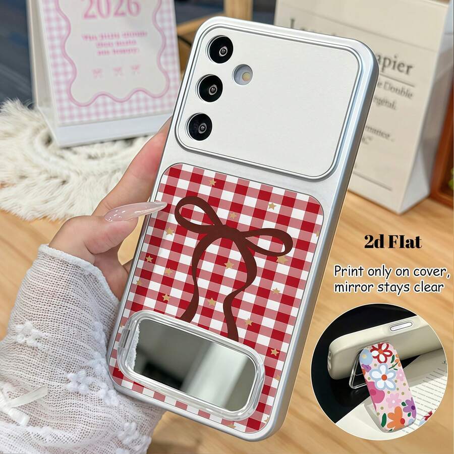 Süße rosa karierte Schleifenmuster handgefertigte Leder-Handyhülle mit Sprühbemalung, kompatibel mit GalaxyS26 S25 S24Ultra S24Plus S24FE S23 S22 A55 A54 A53 A52 A50 A30 A42 A35 A34 A33 A25 A24 A20 A30 A15 A17, Smart 8/ Hot 40i/ Spark 20/ Spark 20C/ Spark Go 2024/ G84, Honor 200 400 600 X5B X5C X6A X6B X6C X8A X8B X8C X8D X9A X9B X9C X9D, P30 P30 PRO mit faltbarem Spiegelständer - Silber - Übersicht 1