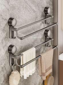 Bathroom Suction Cup Towel Rack, No-Drill Adhesive Installation, Double Bar Towel Rack, No-Drill Wall-Mounted Bathroom Towel Rack, No-Drill Wall-Mounted Towel Hooks, Suitable For Bathroom And Kitchen, Double Bar Towel Rack With Hooks, Modern Design Style - Multicolor - View 4