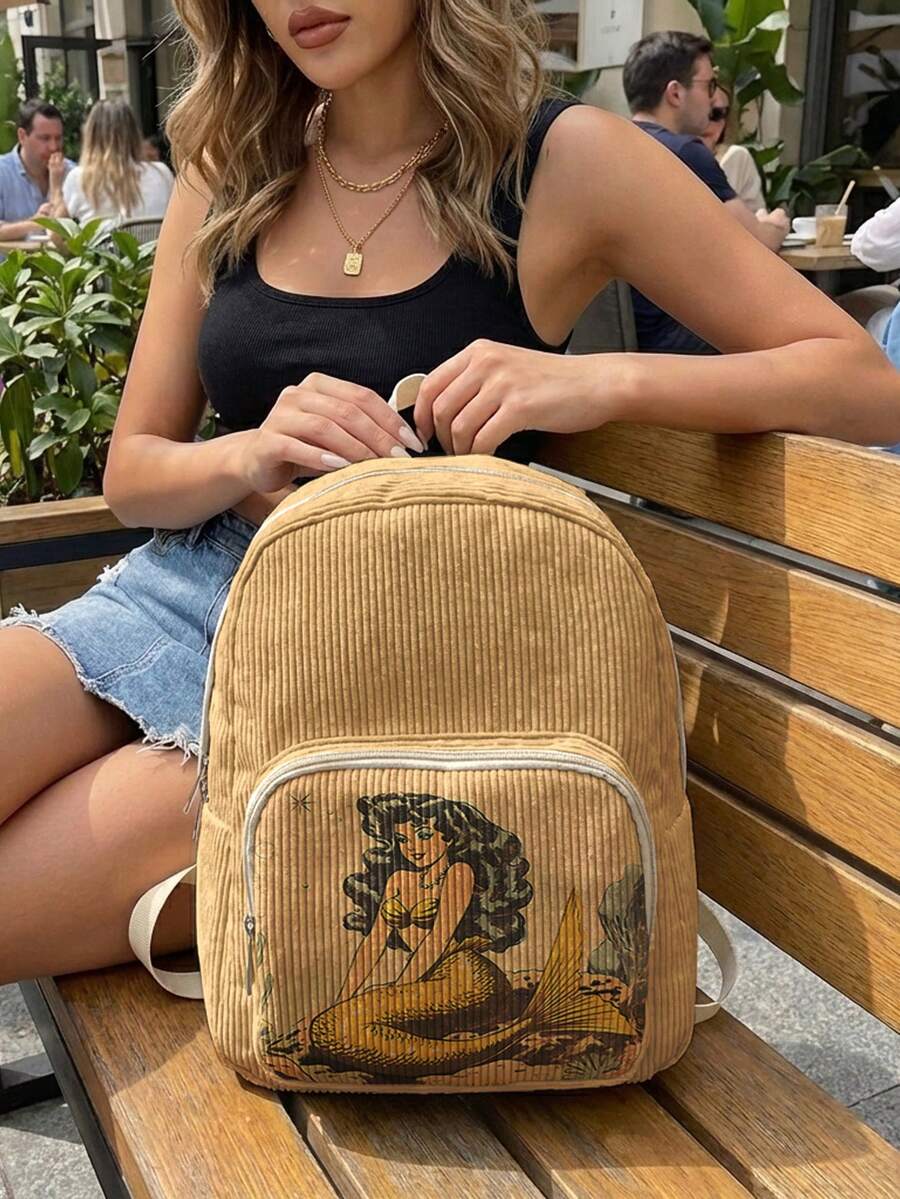 1件女款迷你後背包,燈芯絨女孩學生包,旅行收納包,美人魚印花設計,大容量可折疊易收納,輕量減壓,多口袋分層設計,拉鍊開合 - 卡通美人魚3333589 - 查看 1