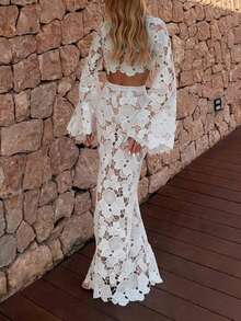 Chic High Neck White Lace Two Pieces For Women Elegant & Sexy Semi-Sheer Party Wear In Medium Stretch Fabric - White - View 3