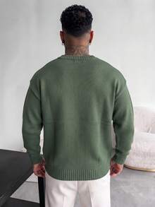 男士休闲宽松纯色套头毛衣，街头风，圆领，长袖，百搭，适合春、秋、冬三季穿着。 - 橄欖綠 - 查看 5