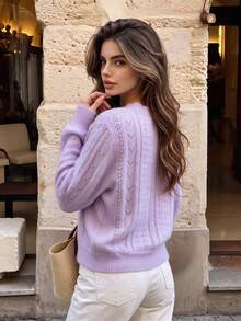 Women's Light Purple Knitted Cardigan, Wavy Edge V-Neck Hollow Texture Pearl Button Long Sleeve Knit Jacket, Autumn - Mauve Purple - View 5