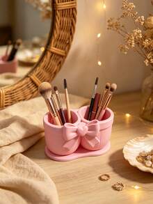 Bowknot Dual-Compartment Makeup Brush & Lipstick Storage Holder, INS Style Makeup Tool Organizer, Large Capacity Multifunctional High-Aesthetic Vanity Desktop Organizer - View 4