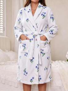 Plus Size Women's V-Neck Long Sleeve Flannel Thickened Robe, Elegant Floral Pattern With Waist Tie, Autumn/Winter Loungewear - White - View 4