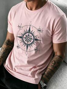 Men's Summer Sports Casual Style Printed Fashion Versatile Comfortable Crew Neck Short Sleeve T-Shirt - Pink - View 1