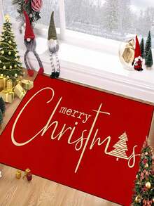 1pc Holiday Red Christmas Door Mat With Gold Tree And "Merry Christmas" Pattern - Non Slip, Machine Washable Indoor And Outdoor Entrance Mat, Suitable For Home Decoration, Holiday Photography Props, And Gifts - A - View 3