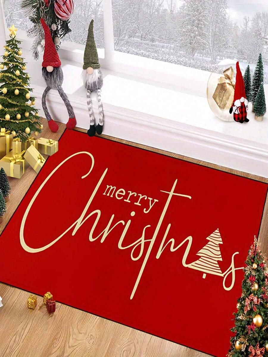 1pc Holiday Red Christmas Door Mat With Gold Tree And "Merry Christmas" Pattern - Non Slip, Machine Washable Indoor And Outdoor Entrance Mat, Suitable For Home Decoration, Holiday Photography Props, And Gifts - A - View 1