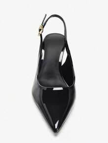 New Women's Black Patent Leather Pointed Toe High Heels With Fashion Metal Buckle Decor - Black - View 4