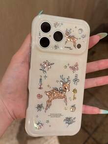 Ins Vintage Laser Flower & Deer Pattern Protective Phone Case Compatible With Iphone 17 Pro Max/16 Pro/15, Personalized Girls' Anti-Drop Cover - White - View 4