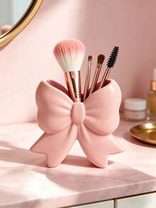 Cute Bow Shape Makeup Brush Holder, Ceramic Cosmetic Storage Organizer, Desktop Vanity Container For Brushes, Lipsticks, Beauty Supplies, Dresser Decor Accessory - Multicolor - View 4