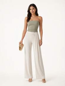 Women's High Waist Wide Leg Pants With Draped Sash Detail - White - View 3