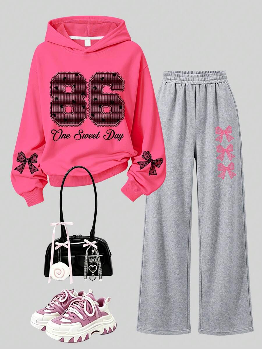 Fashion Street Academy Style Girls Bow & Number Print Hoodie Sweatshirt With Printed Loose Long Pants, 2-Piece Set For Autumn/Winter - Hot Pink - View 1