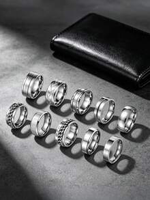 10PCS Fashion Mixed Men Stainless Steel Rings, Polished Plain Band, Rotatable Chain, Roman Numeral Band, High-Quality Jewelry, Gifts For Daily Wear - Silver - View 4