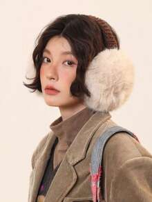 1pc Women's Patchwork Design Plush Warm Earmuffs, Foldable Ear Warmers For Autumn/Winter Travel, Outdoor, Commuting, Cycling, Anti-Freeze, Suitable For Cold Weather And Daily Wear - Beige - View 1