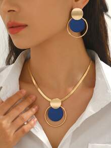 2pcs/Set Autumn/Winter Creative Personalized Necklace & Earring Jewelry Set For Women, Fashion Metal Style, Geometric Brushed Round Disc Hollow Circle Layered Pendant Necklace, Brown & Gold Contrast Color Design, Minimalist Elegant Style, Suitable For Spring, Daily, Party, Gathering, Middle Eastern Style, Wedding Season, Holiday Gift For Best Friend/Girlfriend - Royal Blue - View 1